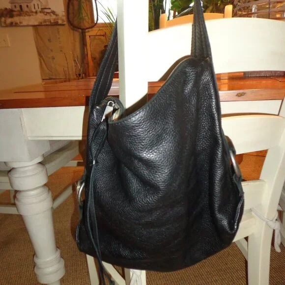 Banana Republic 100% Cow Leather Boho Handbag Black Inner Zip Pocket - Picture 3 of 15